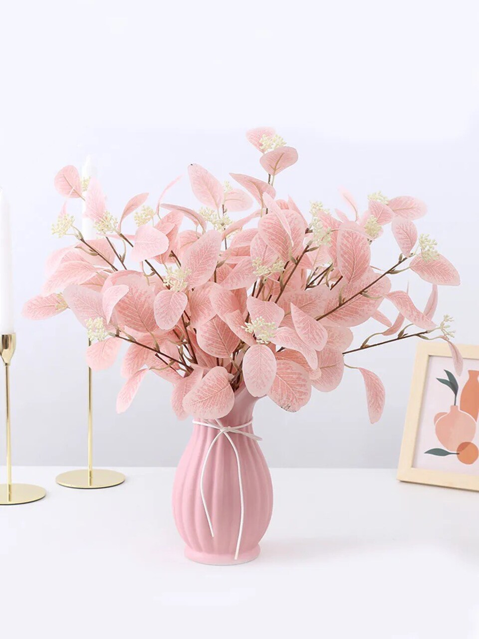 6pcs Artificial Eucalyptus Stems Pink Fake Eucalyptus Leaves Tall Eucalyptus Branches Floral Decorations for Boho Home Decor Flowers Arrangement